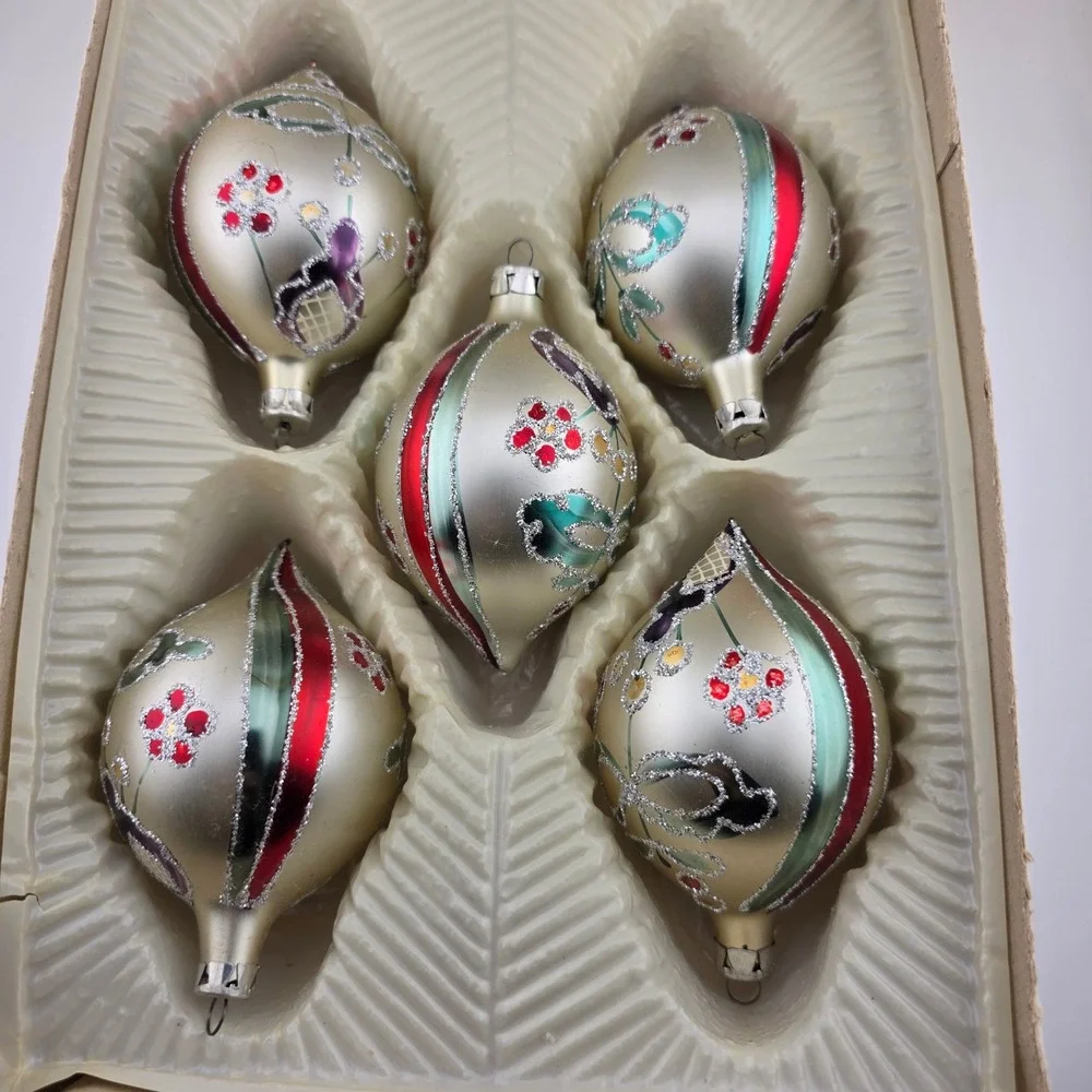 Christmas Classics Glass Ornaments‎ Hand Decorated Lot 5 Frosted Teardrop